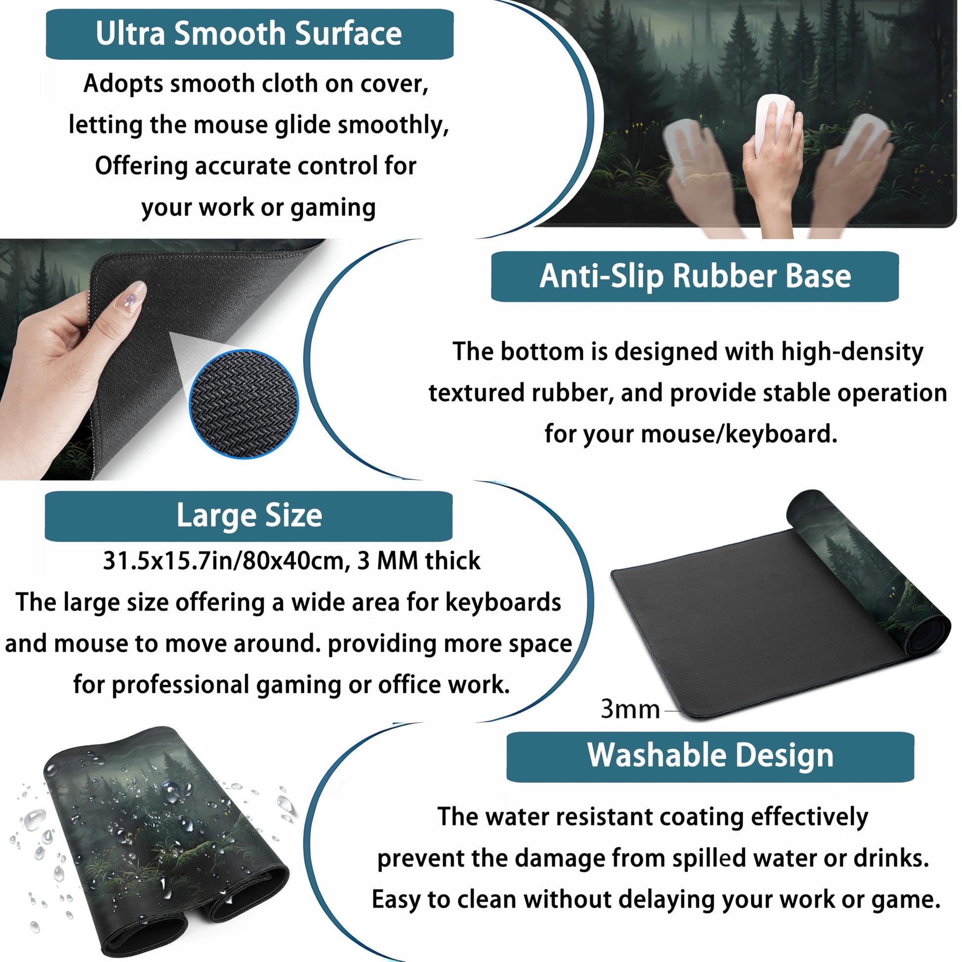 Cute Dark Gloomy Forest Desk Mat, Gothic XXL Large Extended Gaming Mouse Pad Mat, Non-Slip Rubber