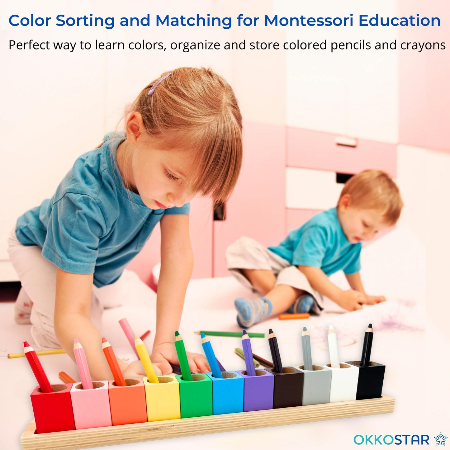 OKKOSTAR Wooden Crayon & Colored Pencil Holder, 11 Cups, Classroom (Large)