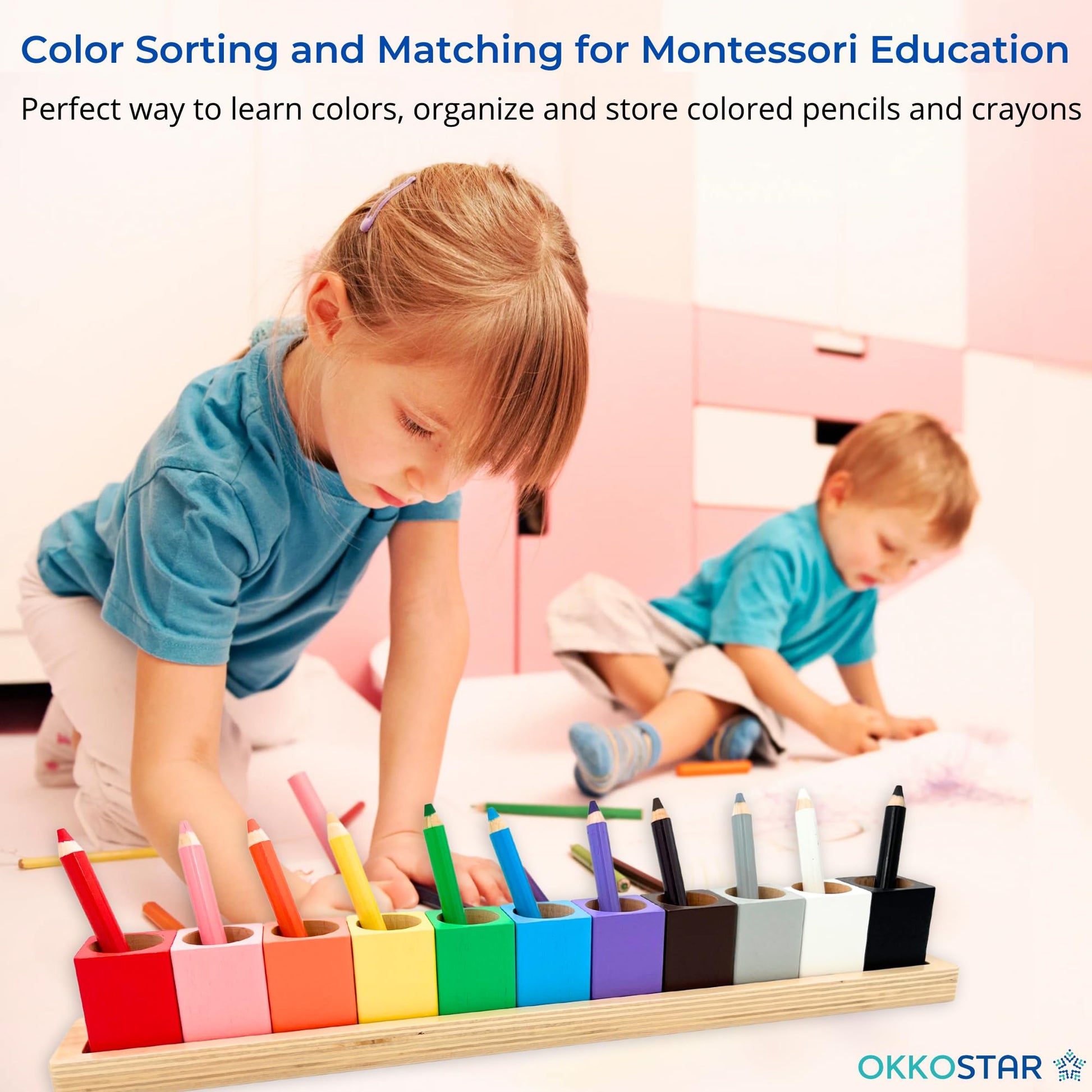 OKKOSTAR Wooden Crayon & Colored Pencil Holder, 11 Cups, Classroom (Large)