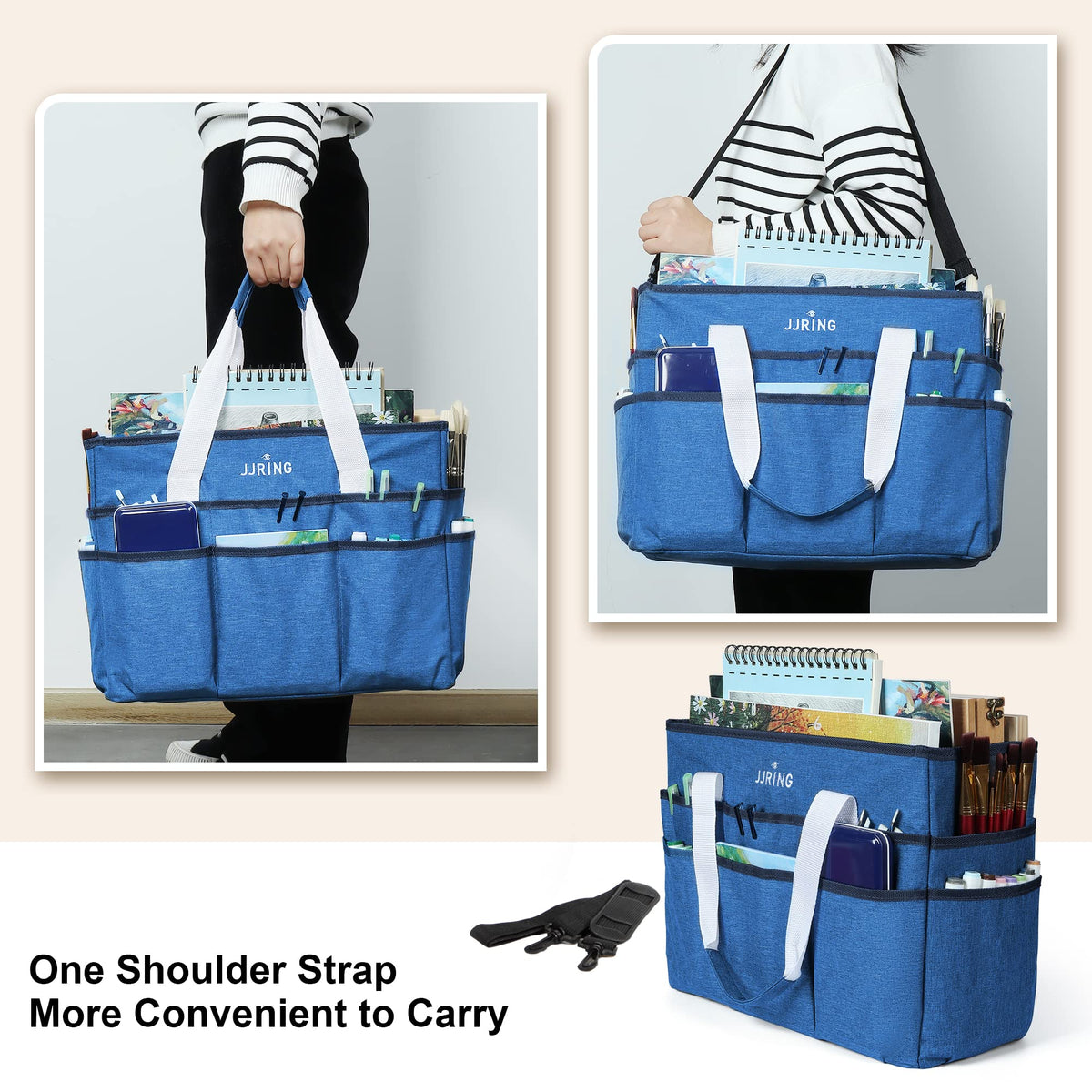 JJRING Craft Organizer Tote Bag Large Art Storage Caddy Blue