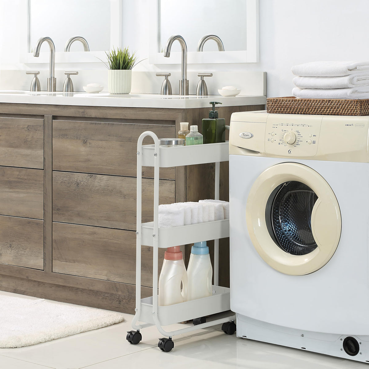 SunnyPoint Slim Rolling Storage Cart, 3 Tier Bathroom Storage Organizer Bathroom, Laundry Utility
