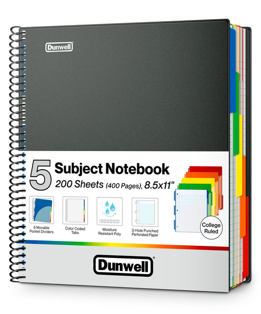 Dunwell 5-Subject Notebook 8.5x11, College Ruled, 200 Sheets, Black
