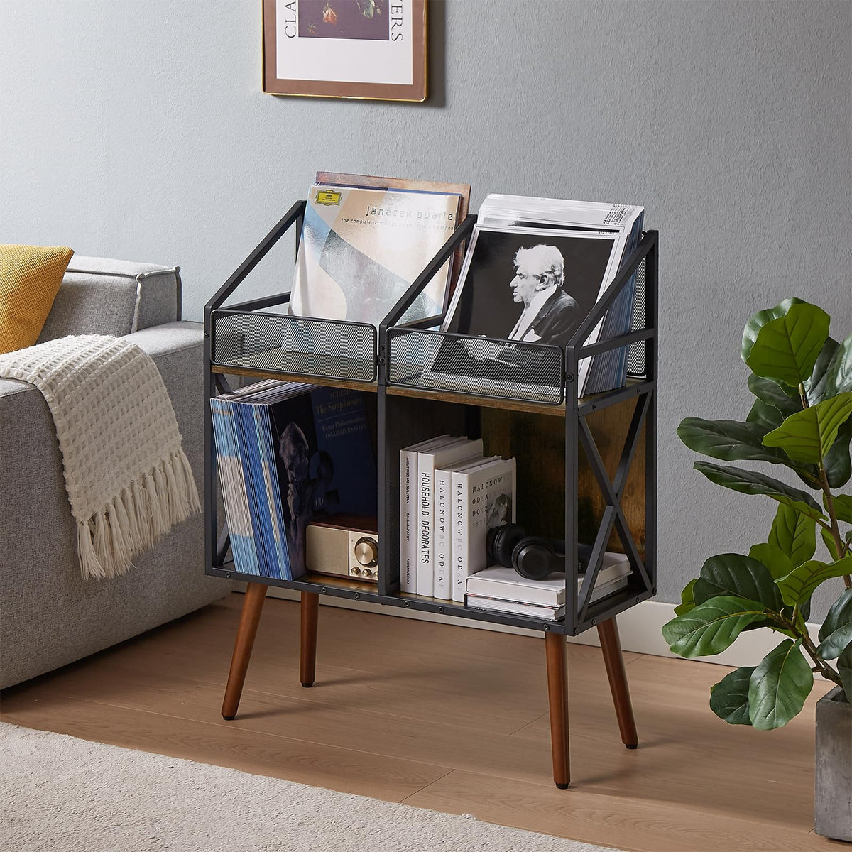 EYOCAL Vinyl Record Storage Holder Rack,250 LP Wooden Record Display Table for Albums Books