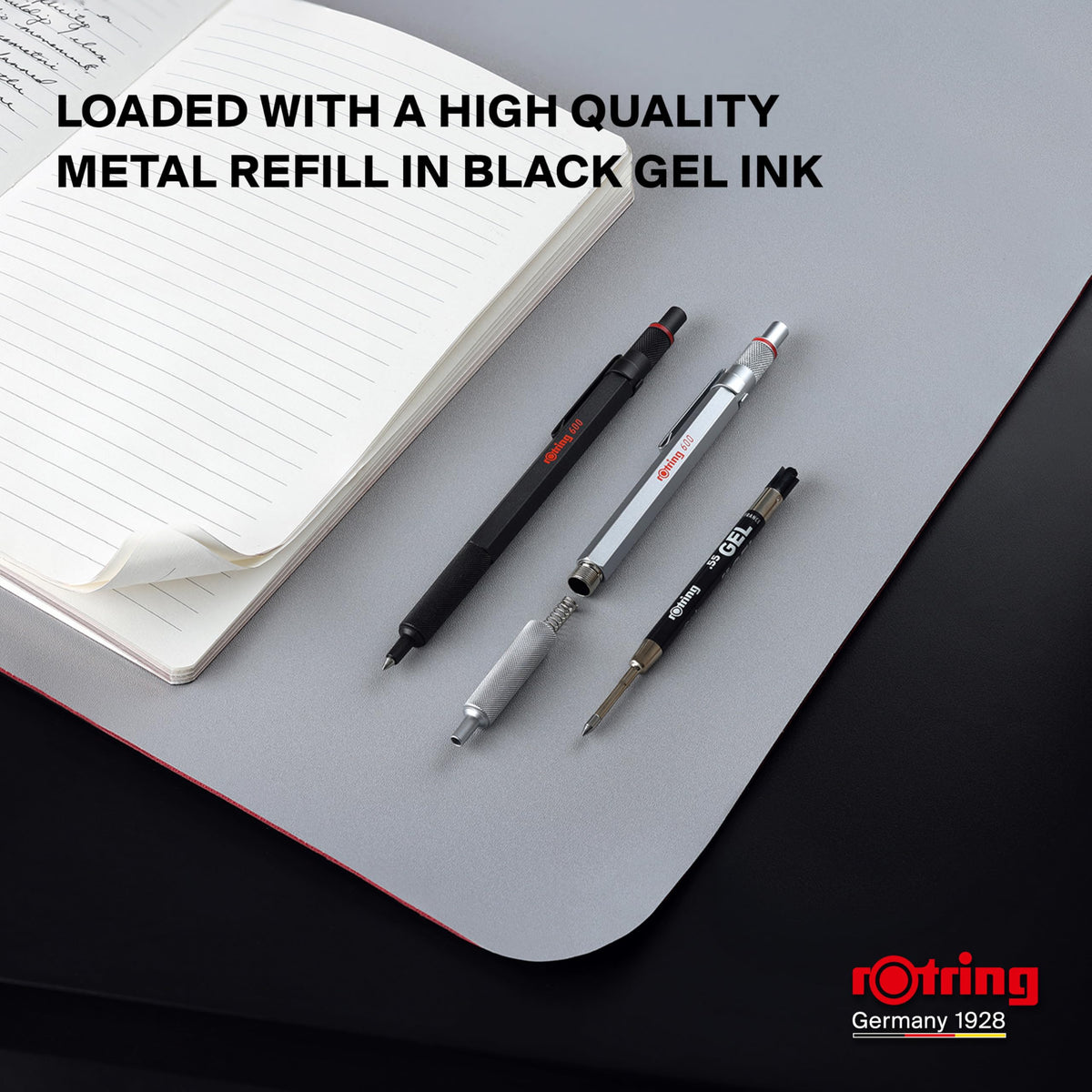 rOtring 600 Gel Pen, Black Metal Body Pen, Black Ink, 0.55mm, Non-Slip Knurled Grip & Hexagonal