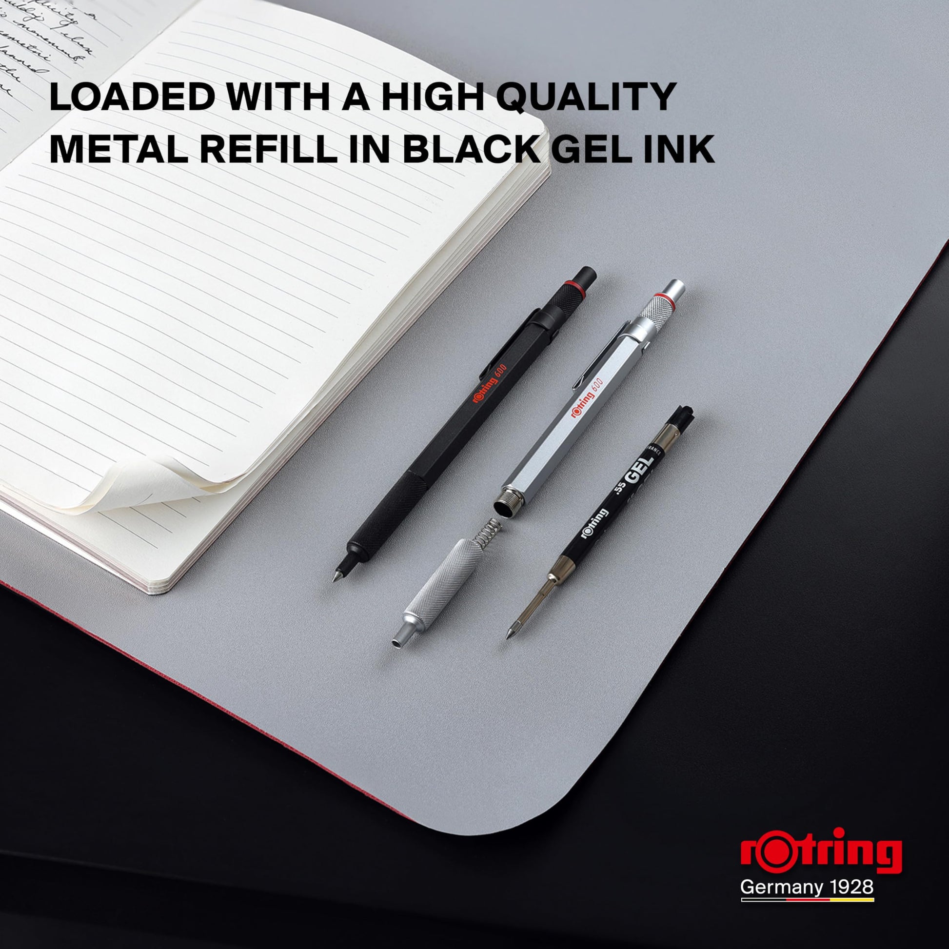 rOtring 600 Gel Pen, Black Metal Body Pen, Black Ink, 0.55mm, Non-Slip Knurled Grip & Hexagonal