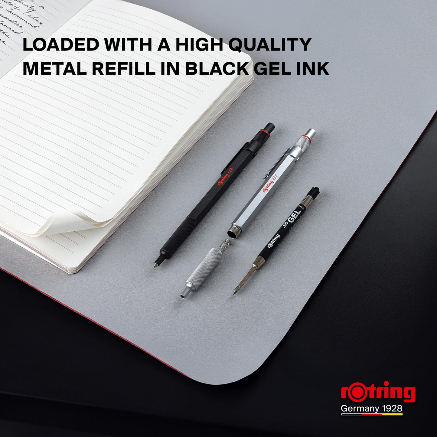 rOtring 600 Gel Pen | 0.55 mm | Black Ink | Silver Metal Body Pen | Non-Slip Knurled Grip &