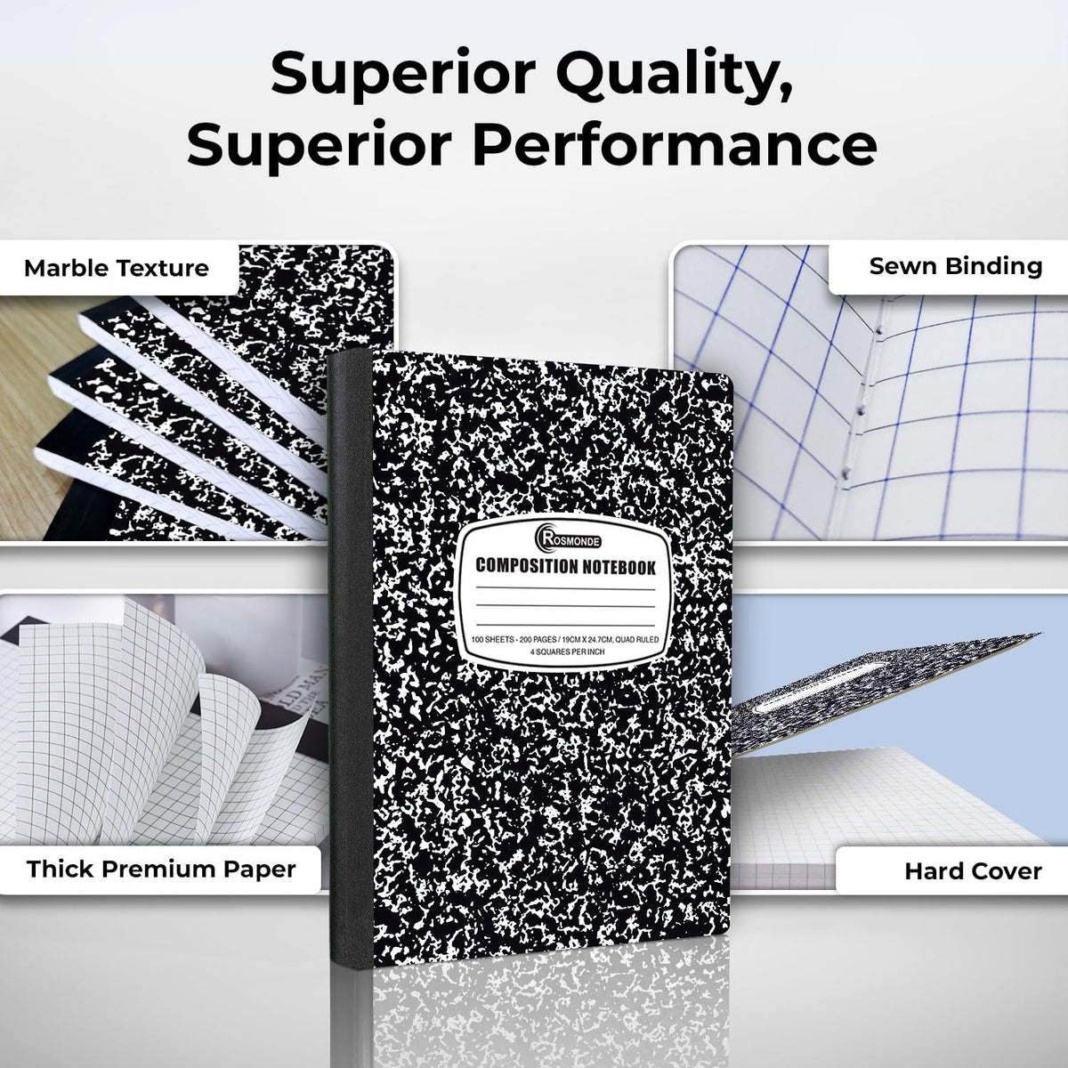 Rosmonde 12 Pack Graph Paper Composition Notebook, 4x4 Grid, 100 Sheets
