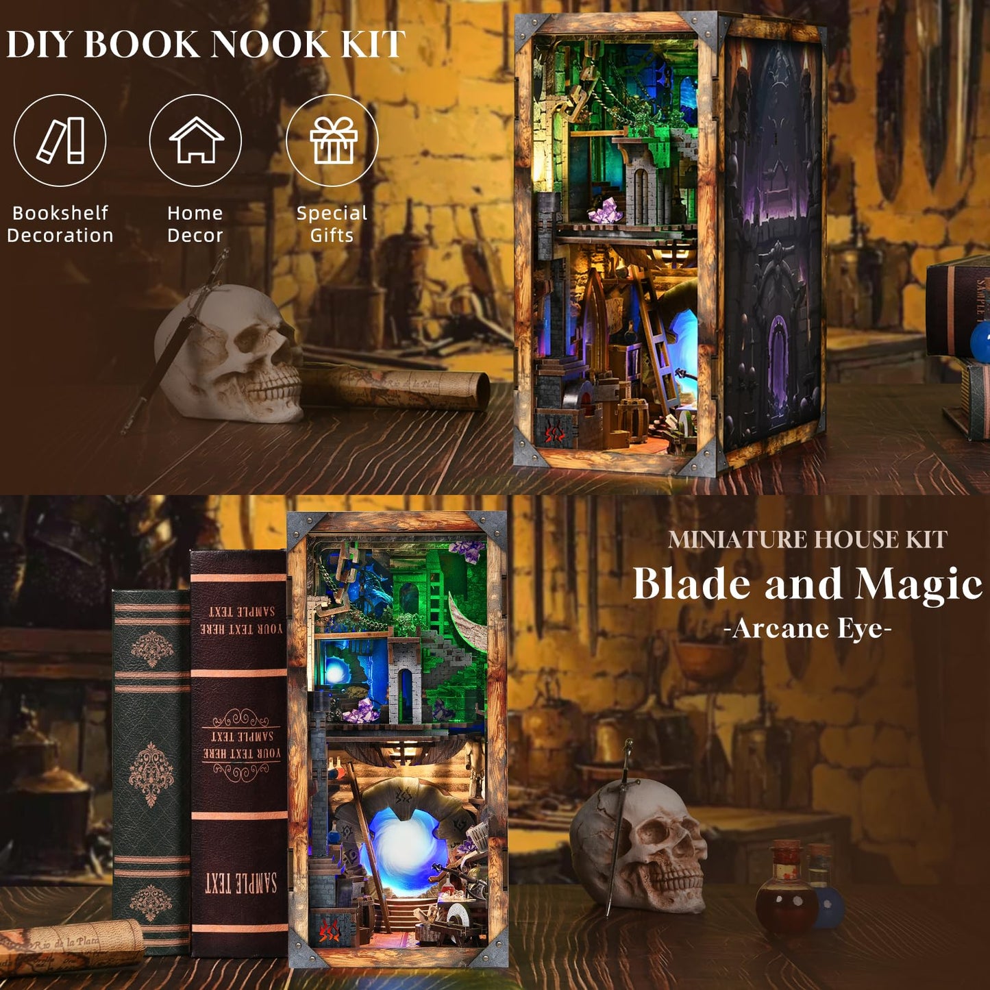 MiniCity Blade and Magic Book Nook Kit, DIY Wooden Miniature Scene with LED