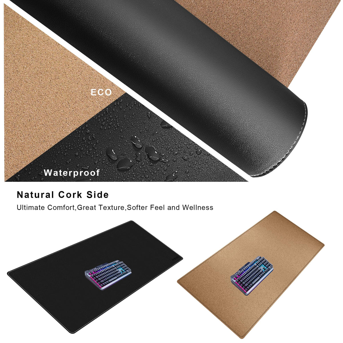 Mydours XXL Large 55" x 20" Gaming Desk Pad, PU Leather & Cork Base, Black