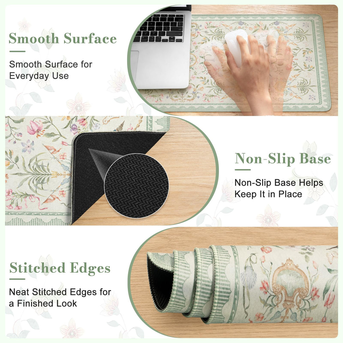 HAOCOO Green Floral Mouse Pad, 23.6" x 13.7" Keyboard Pad for Office Setup