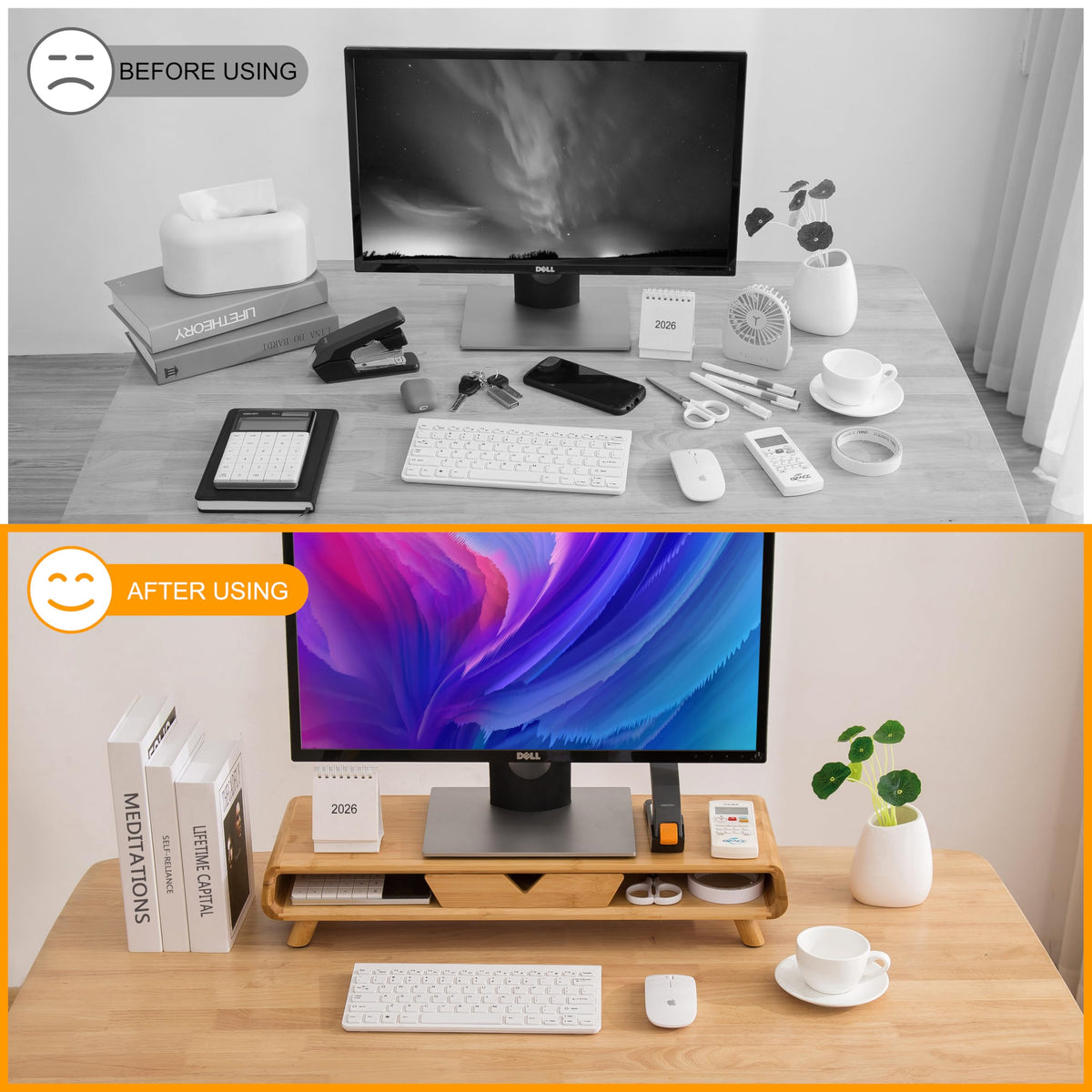 Homerays Bamboo Monitor Stand Riser, No Assembly Required Exquisite Monitor Stand with Drawer