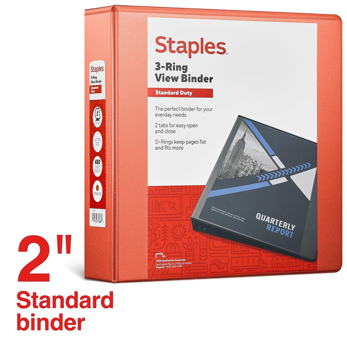 Staples Standard 2-Inch 3-Ring View Binder, Orange, 450 Sheets
