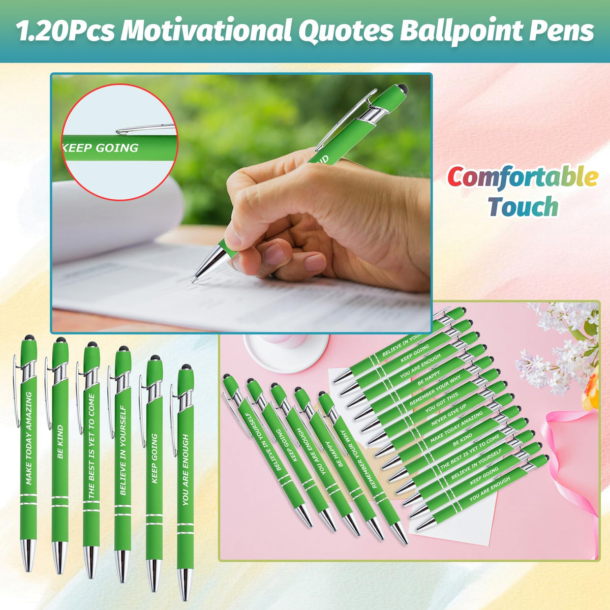 40 Piece Inspirational Pens Kit with Stylus Tip & Sayings – 20 Motivational Pen + 20 Individual
