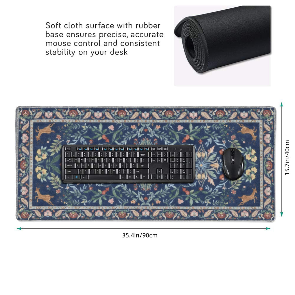Large Floral Mouse Pad for Women, Navy Blue XXL Desk Mat with Anti-Slip & Stitched Edges, Aesthetic