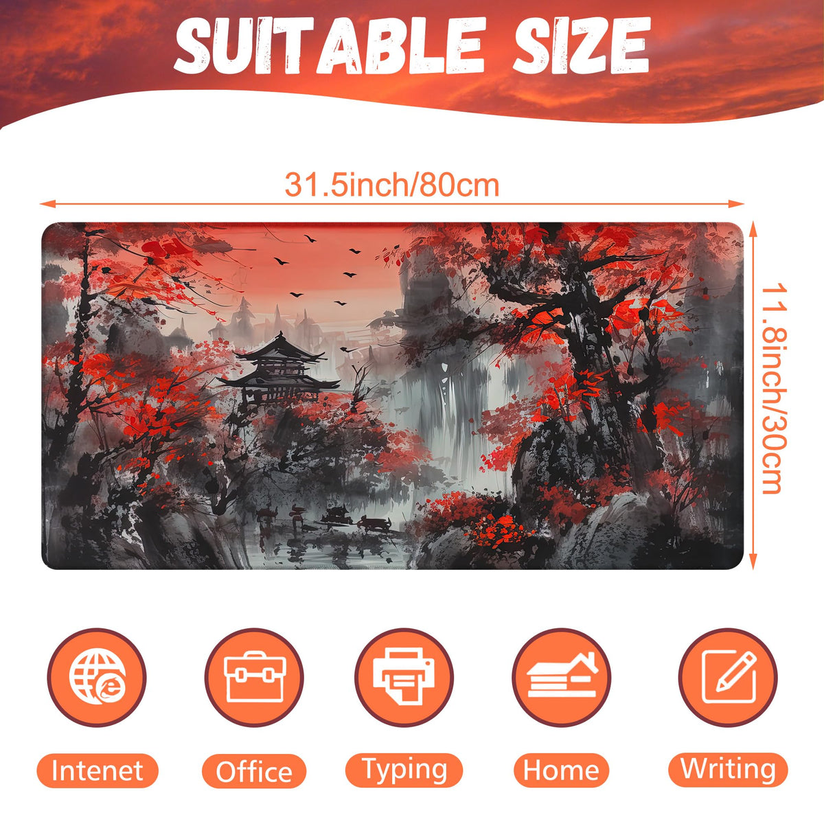 KOAIWPAE Desk Mat, Red Landscape Painting Desk Pad, Ink Painting Large Gaming Mouse Pad for Desk