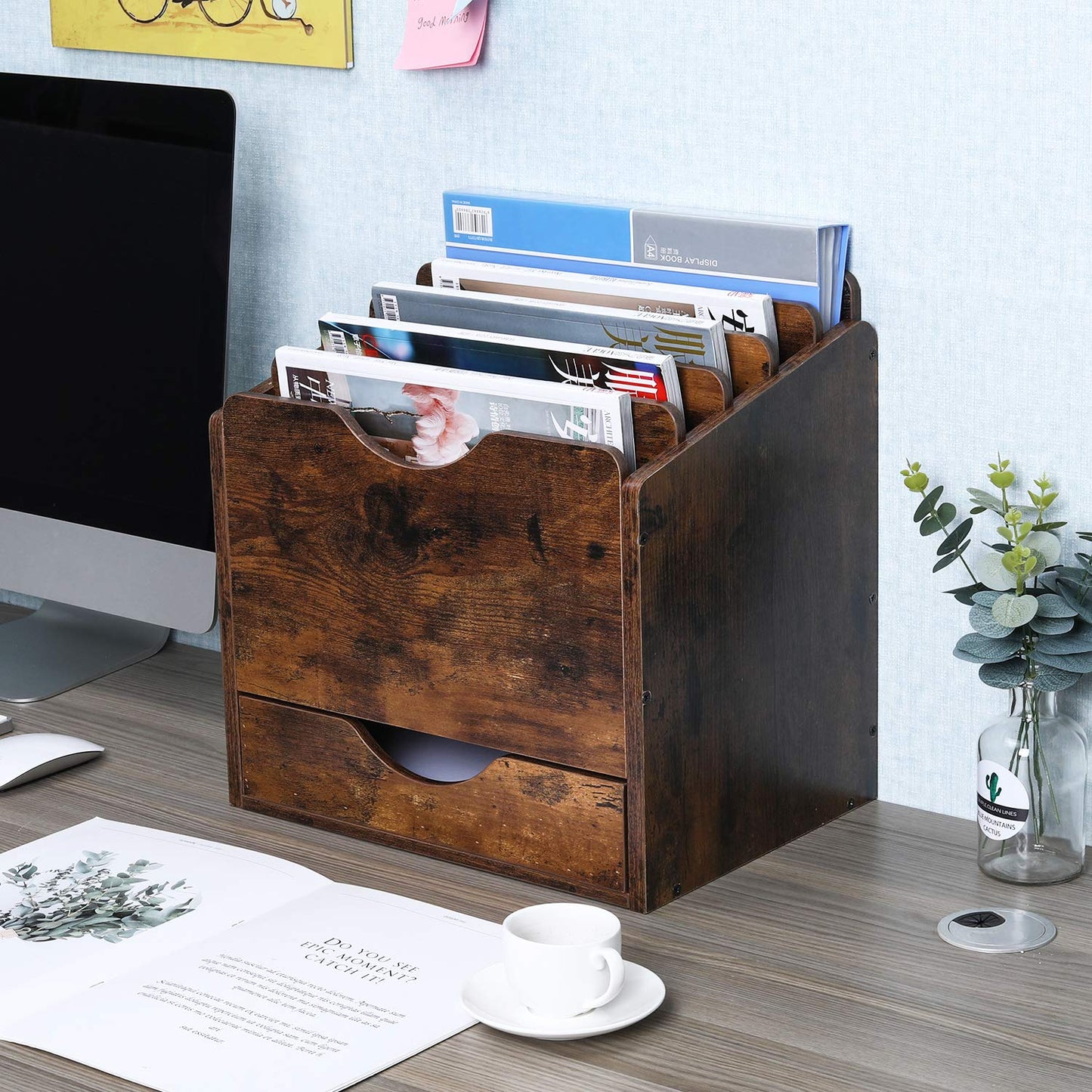 PAG-Mass Wood Desktop File Holder Organizer Mail Sorter with Drawer, for File Folders, Mails