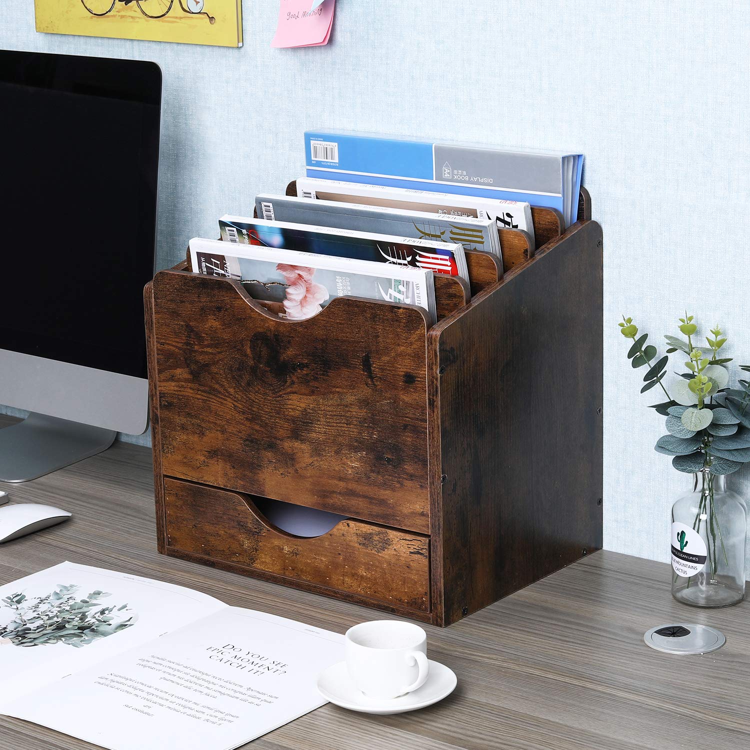 PAG-Mass Wood Desktop File Holder Organizer Mail Sorter with Drawer, for File Folders, Mails