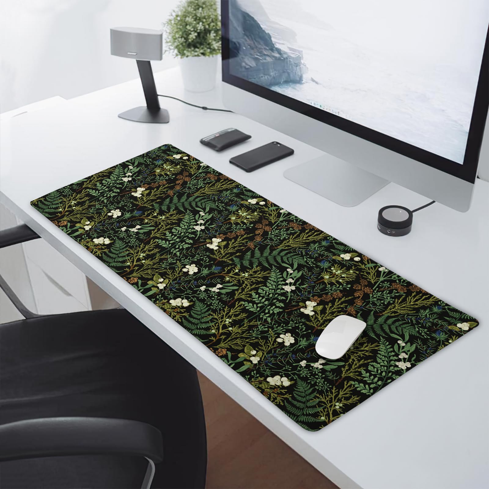 Black Aesthetic Vintage Botanical Gaming Mouse Pad Extended Cute Forest Green Plant Nature Floral