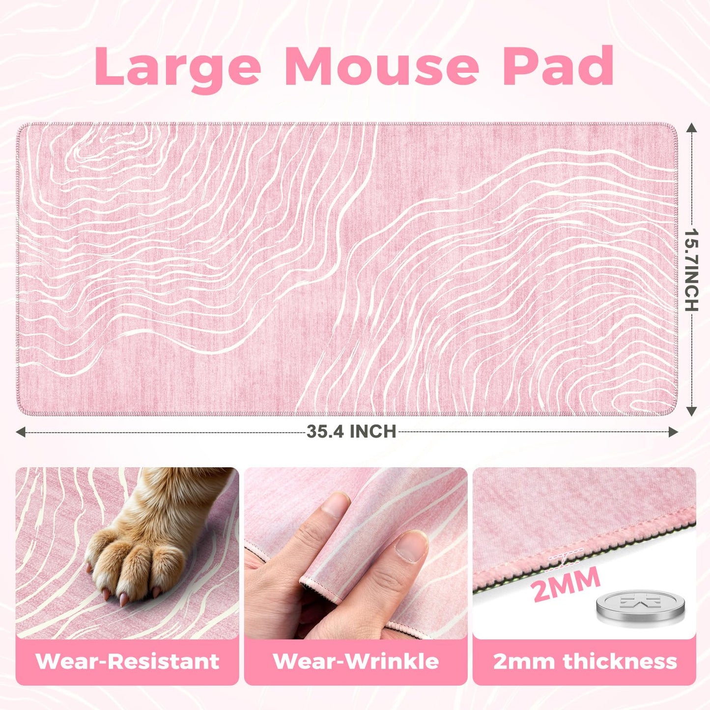 iCasso Large Desk Mat Pink,Big Mouse Pad with Stitched Edges