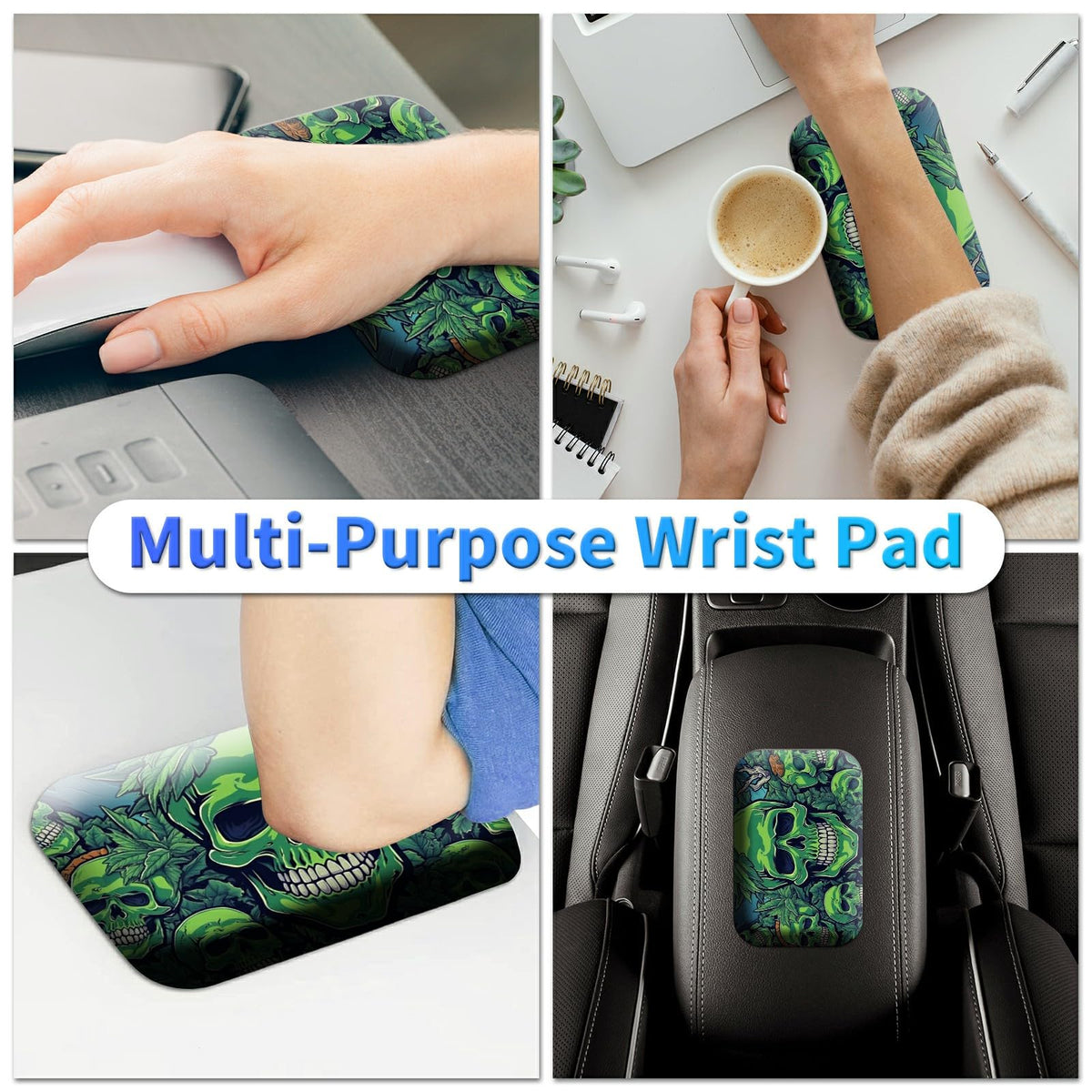 BPQOJB Laptop Mouse Pad 27.5 x 11.8 inch & Small Wrist Rests with Coasters and Green Forest Skull