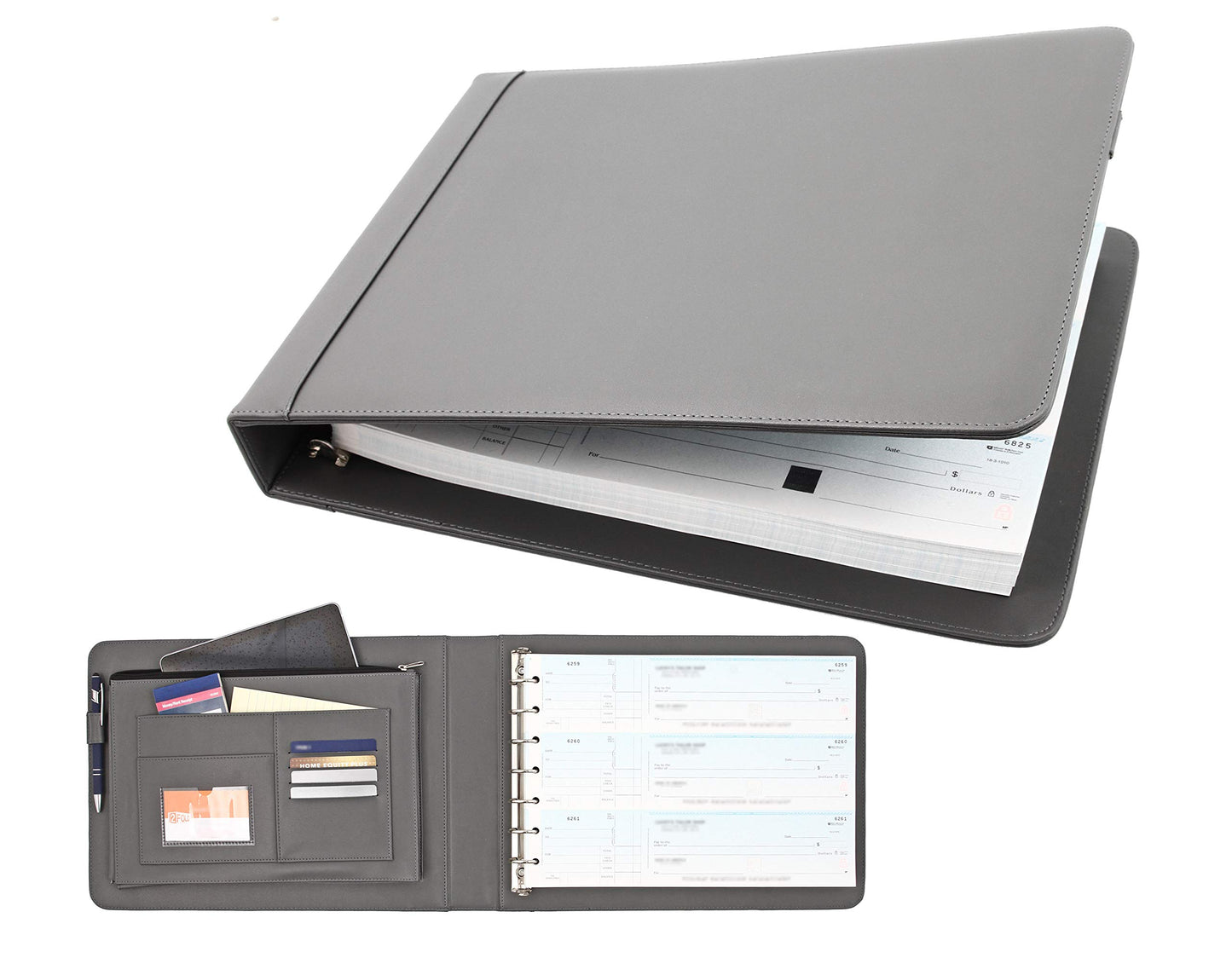 2Fold Business Check Binder 7 Ring for 3-Up Business Size Checks with Extra Business Card Case - PU