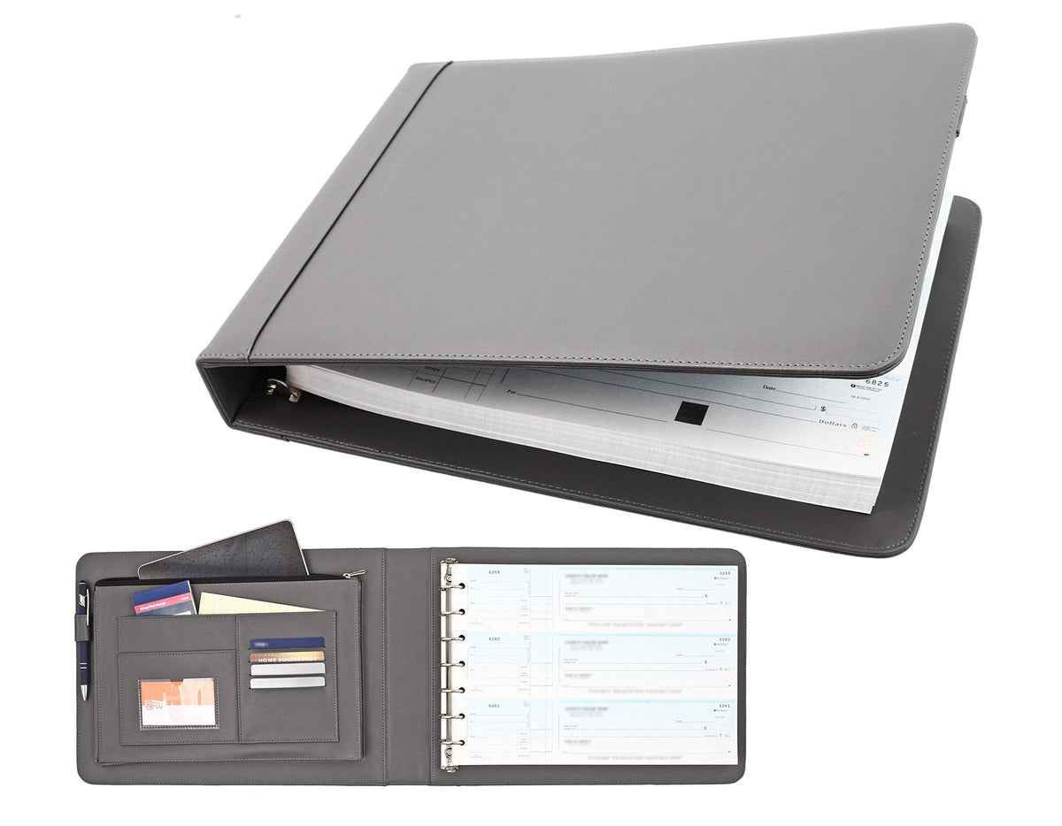 2Fold Business Check Binder 7 Ring for 3-Up Business Size Checks with Extra Business Card Case - PU