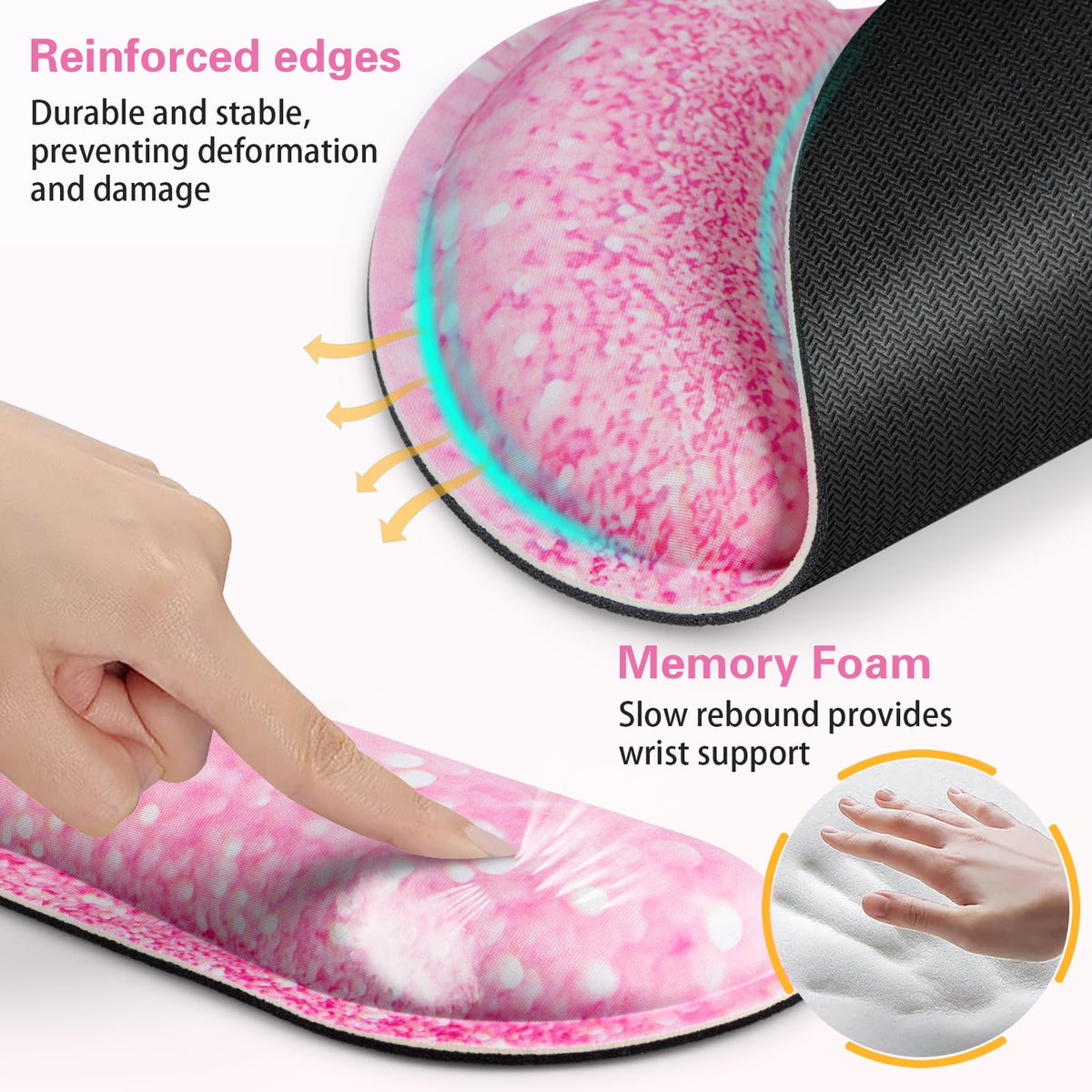 QOMOLAMA Mouse Pad with Wrist Rest Set Pink, 3-in-1 Wrist Support Mousepad Set,Gaming Mat Pad with