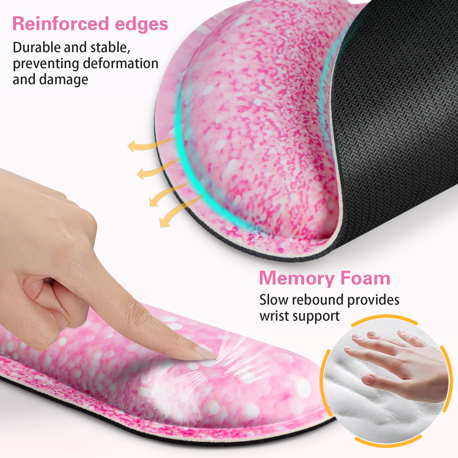 QOMOLAMA Mouse Pad with Wrist Rest Set Pink, 3-in-1 Wrist Support Mousepad Set,Gaming Mat Pad with