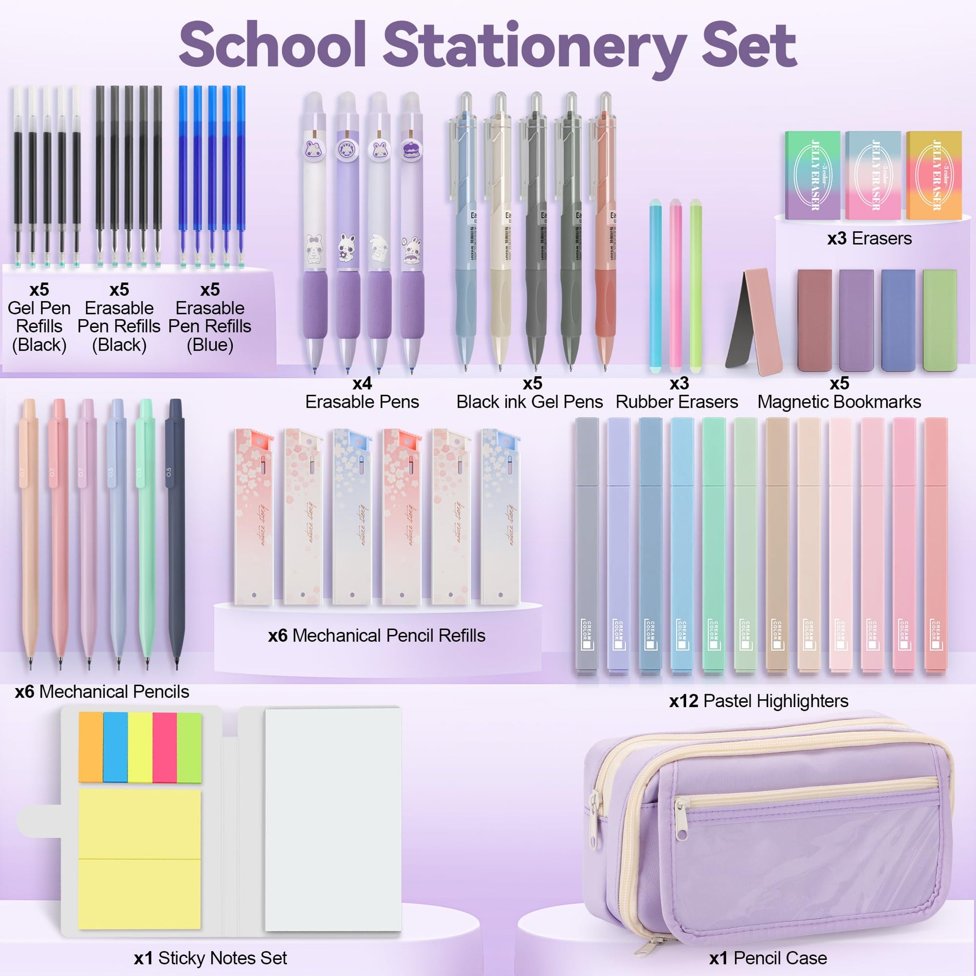 DazSpirit 61PCS Aesthetic College School Supplies Set with Cute Pencil Case