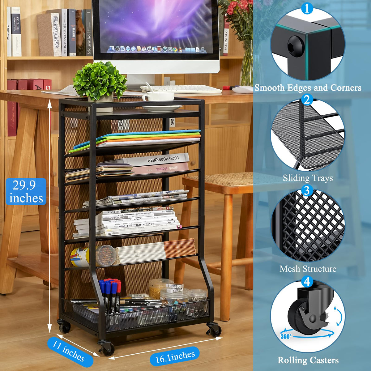 ThreeHio 7 Tier Rolling File Cart with Sliding Trays, Wood Metal File Organizer Beside Desk