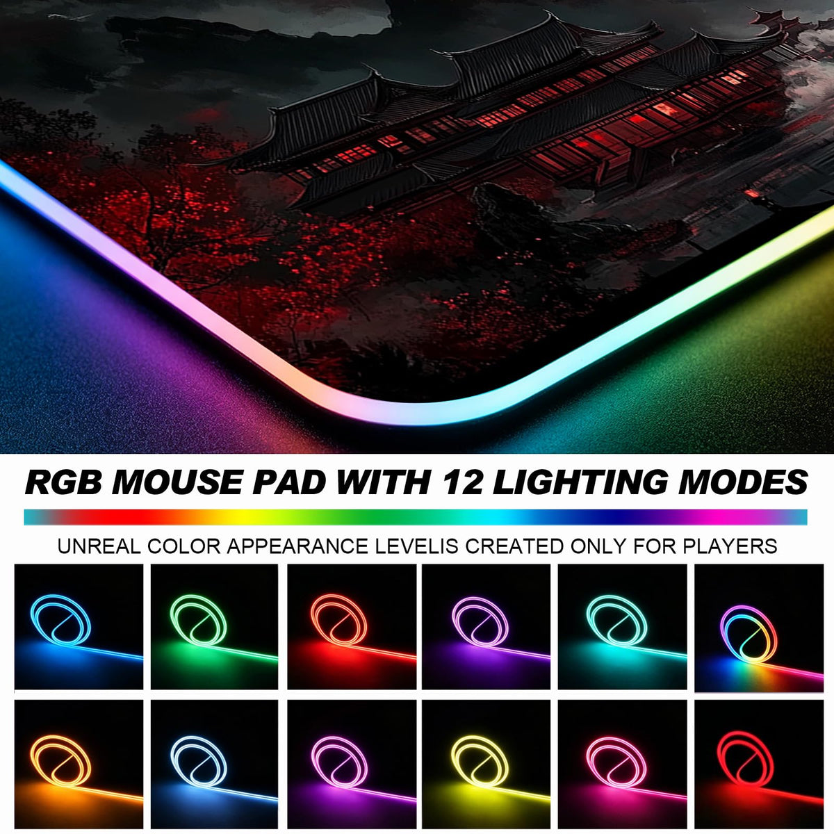 JIANG100 RGB Moonlit Japanese Lake Scene Gaming Desk Mat & Mouse Pad, XL