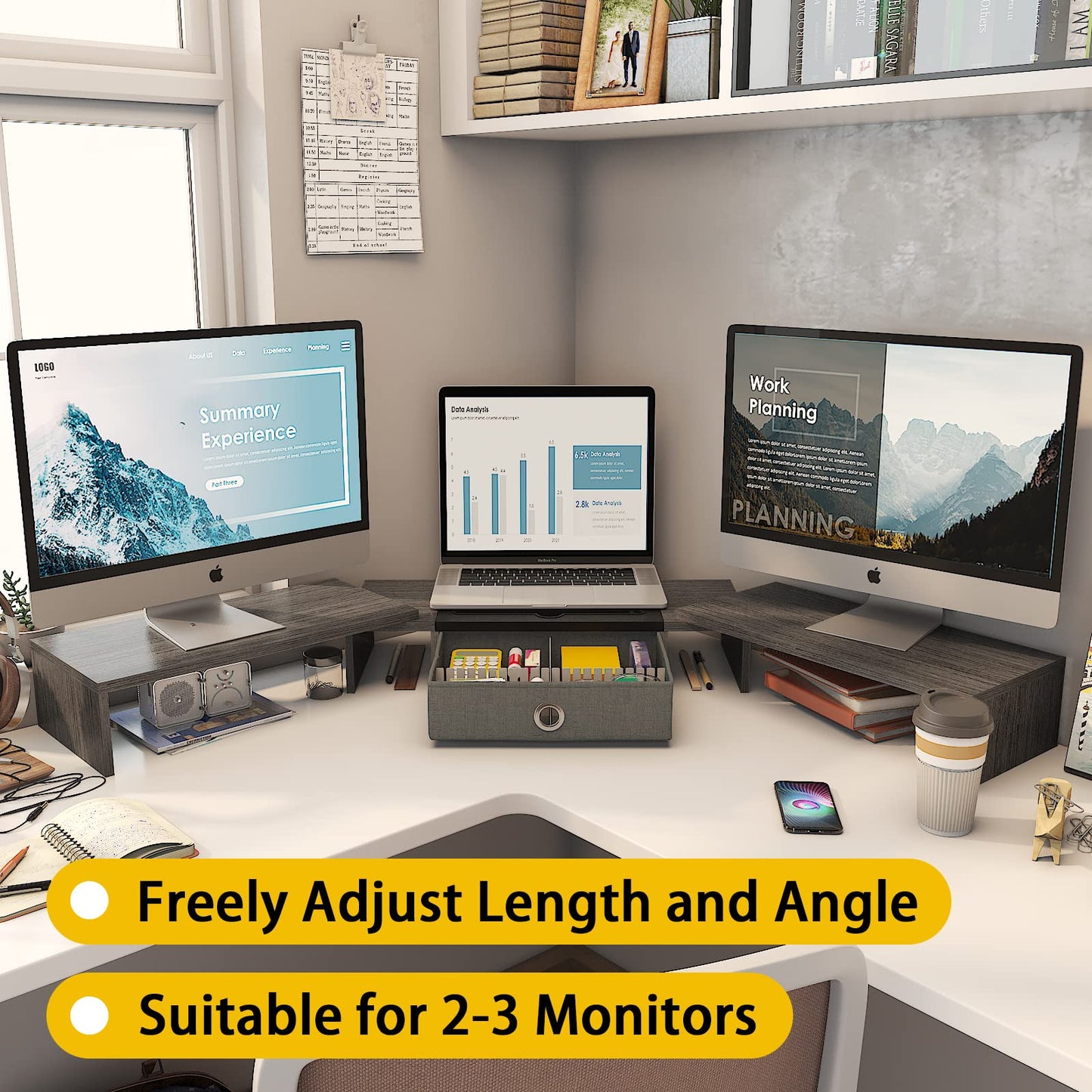 WESTREE Triple Dual Monitor Stand Riser with Drawer,Extra Large Adjustable for 2~3 Monitors,Solt