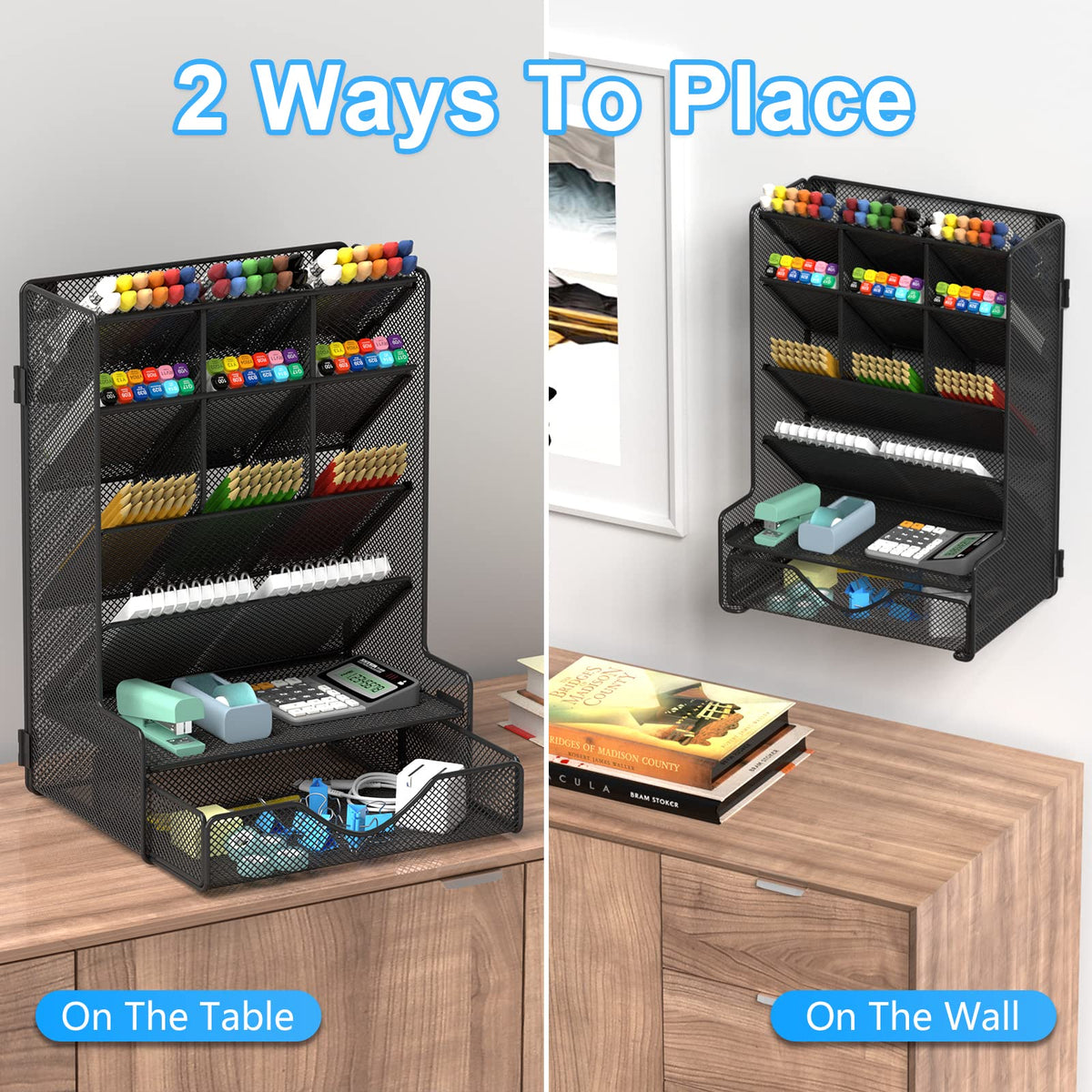 BOHDK Pen Organizer for Desk, Multi-Functional Desk Organizer, Wall Mount Pen Holder with Drawer