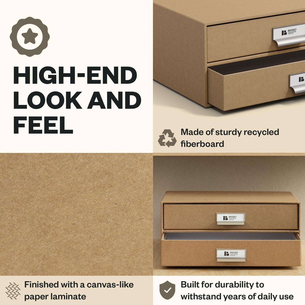 Bigso Birger 2-Drawer Fiberboard Document Letter Box - Paper Storage Drawers for A4 and Letter
