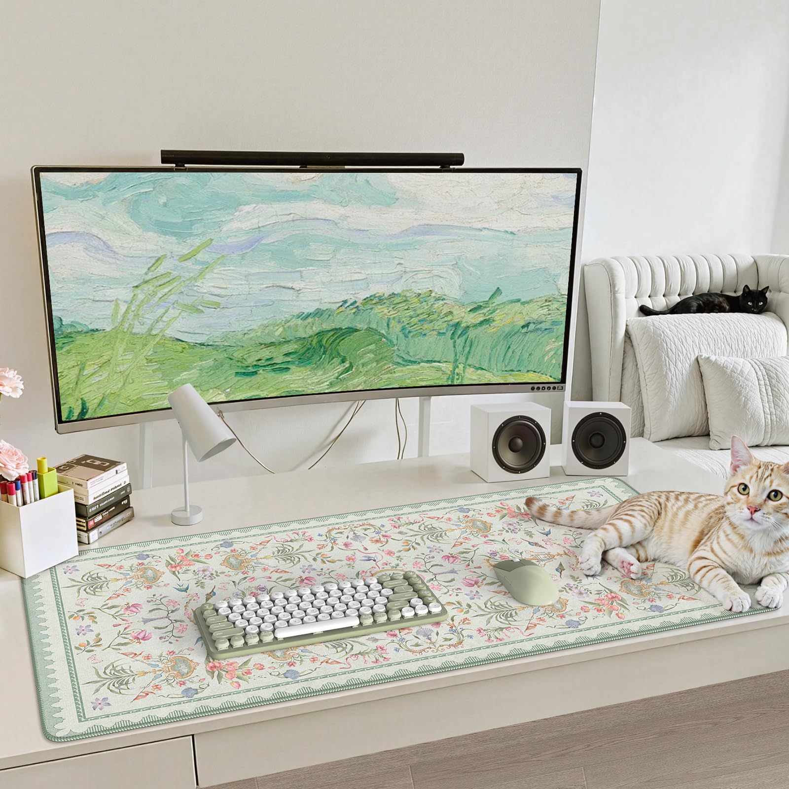 iCasso Desk Cover Mat Green,Extra Large Mouse Pad for Desktop,Floral