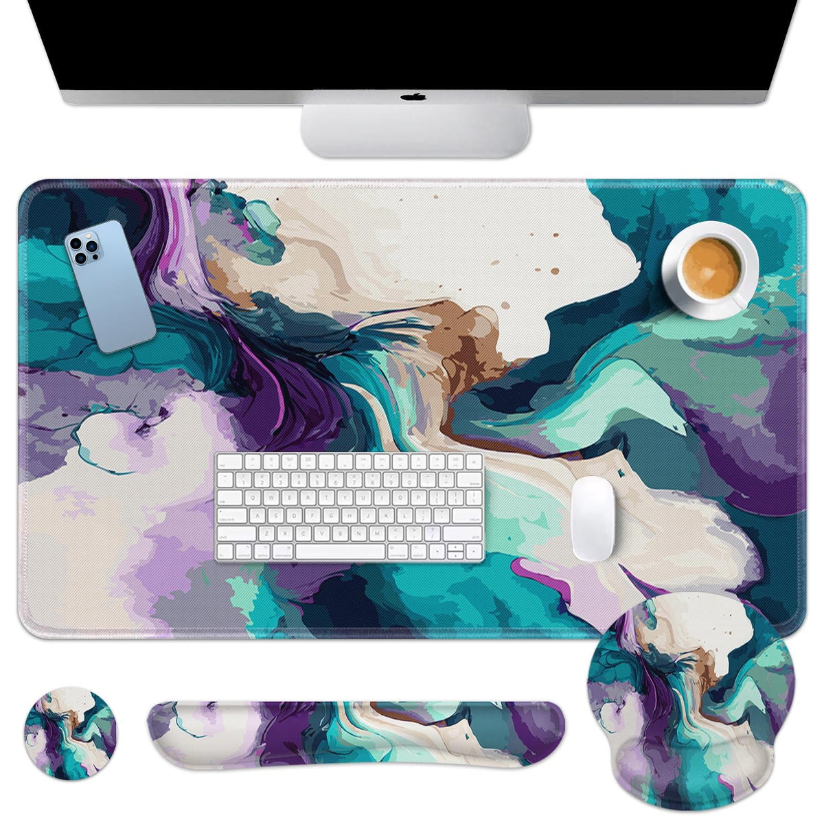 Britimes Keyboard Mouse Pad Set, 4 in 1 Desk Mat Set, Marbling Liquid