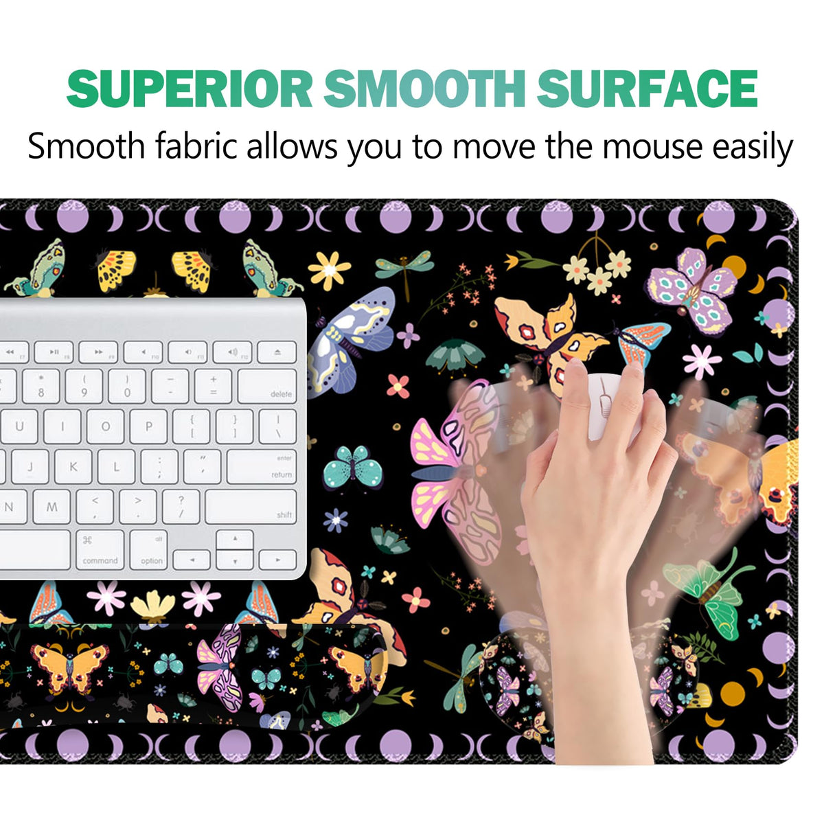 ARTSO Desk Mat Set, Black Butterfly Extended Gaming Mouse Pad with Wrist Rest Support +Keyboard