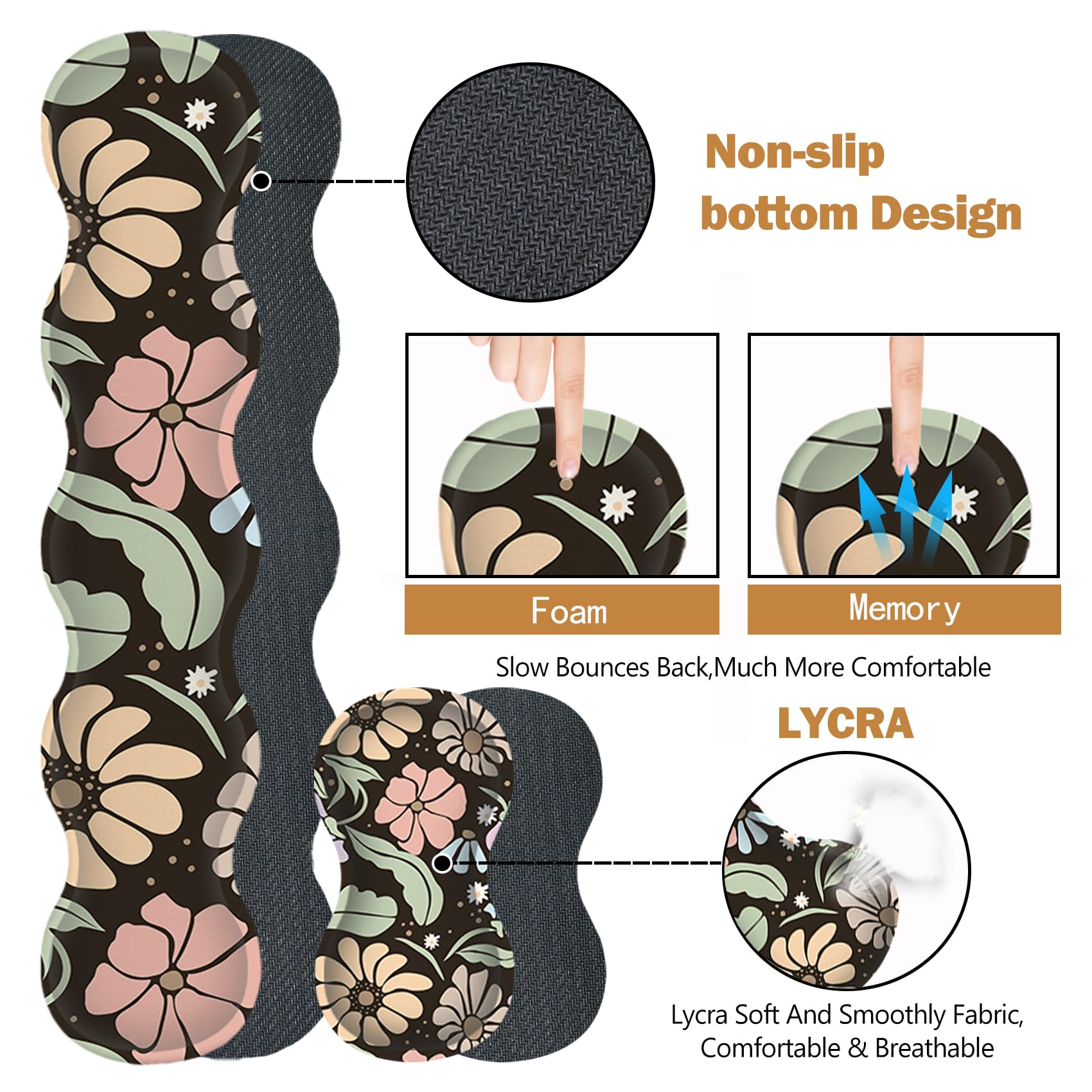 ARTSO Keyboard Wrist Rest Large Mouse Pad Wrist Support,Black Floral 4in1 Keyboard Pad Desk