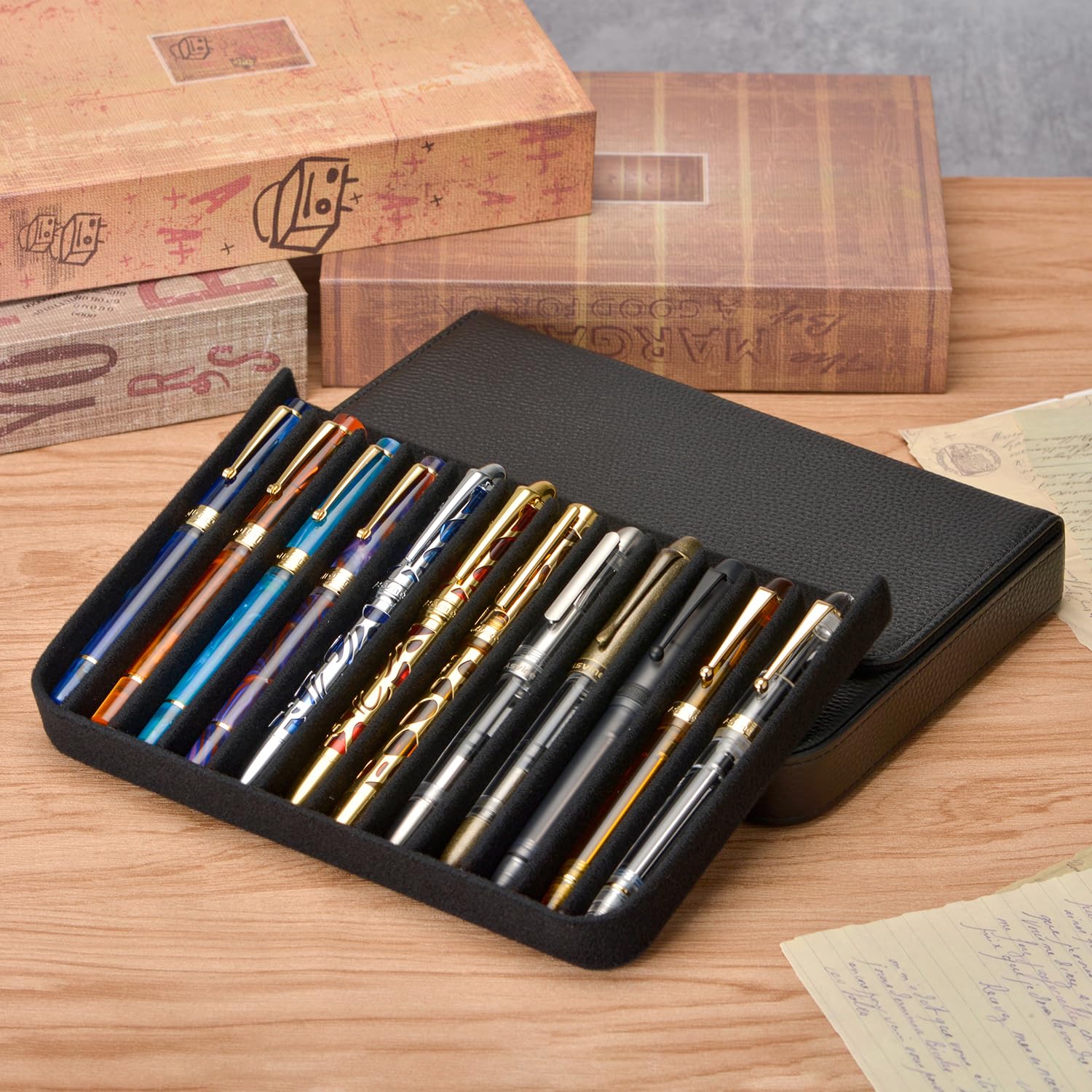 Lanxivi 12 Fountain Pen Case Genuine Black Leather Organizer, Portable Pen Bag Pouch Drawer Style