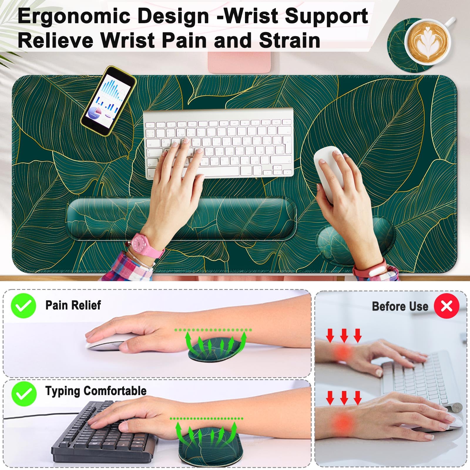 4 in 1 Mouse Pad and Keyboard Wrist Rest,Large Desk Mat,Coaster Set-Leaves