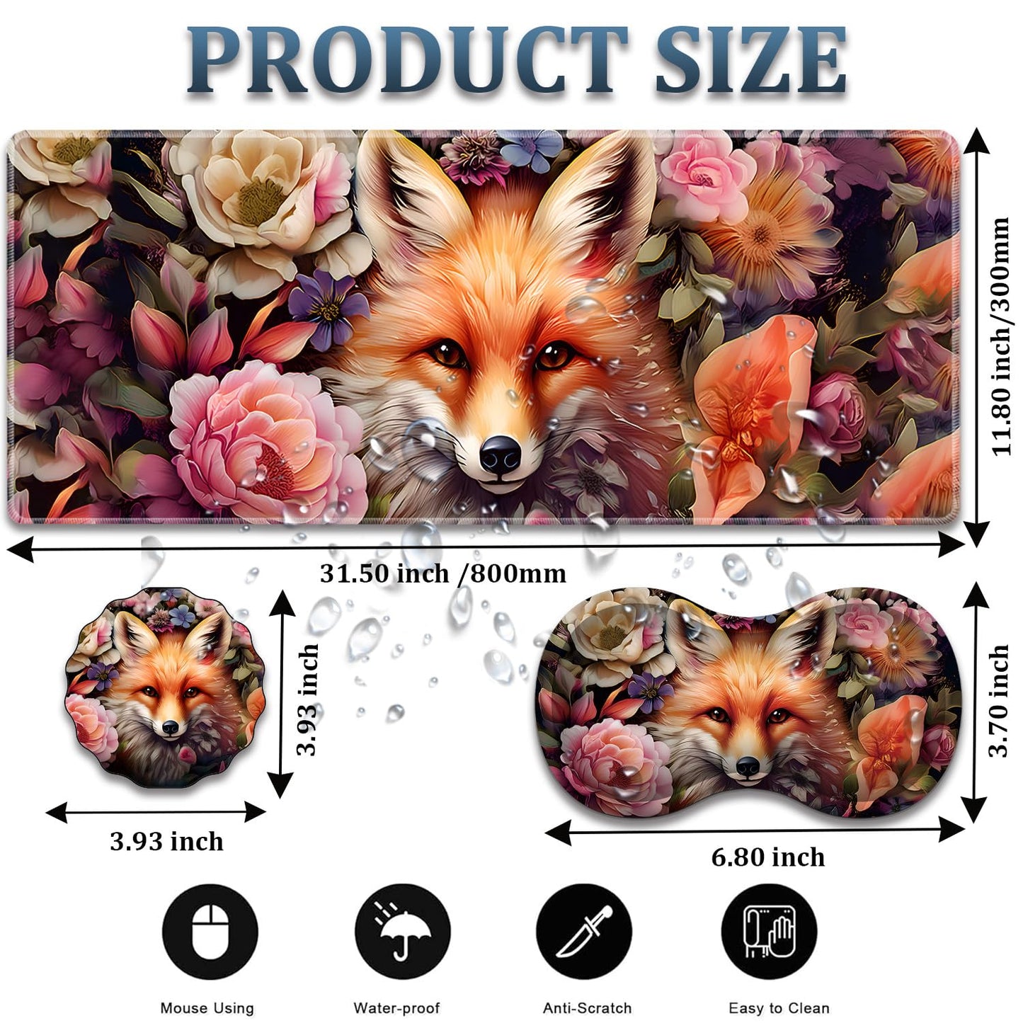 3-Piece Fairy Fox Floral Mouse Pad Set, Including Wrist Support Pad and Cup Holder, with Waterproof