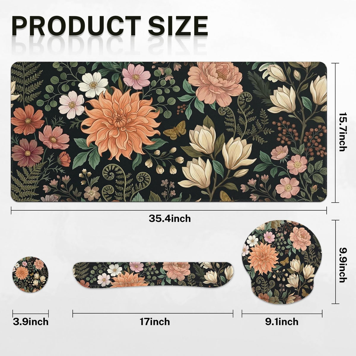 Arttown Keyboard Mouse Pad Set, 4 in 1 Desk Mat Set Floral Spring