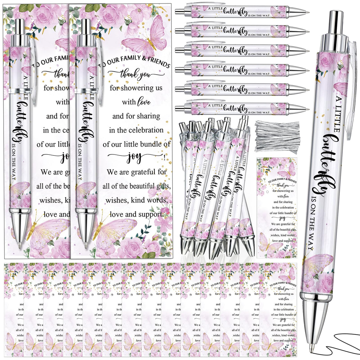 Dinifee 36 Sets Butterfly Baby Shower Favor, Pink Pen with Greeting Cards