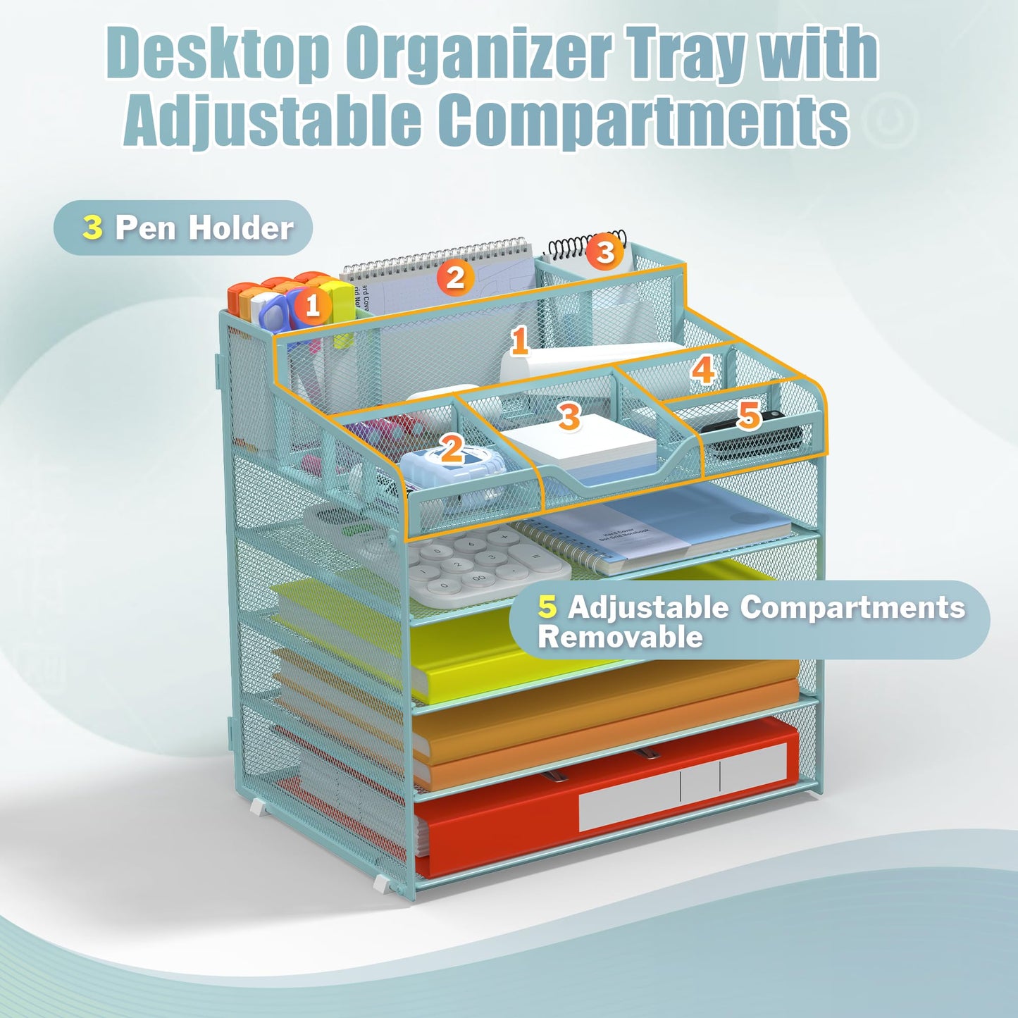 Docnest 5 Tier Mesh Desk Organizer with Letter Tray & Paper Sorter, Blue