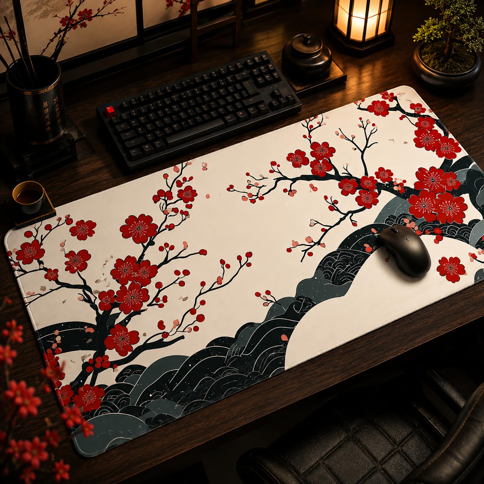 XL Desk Mat 31.5x15.7 Inch, Japanese Cherry Blossom Wave Mouse Pad Keyboard