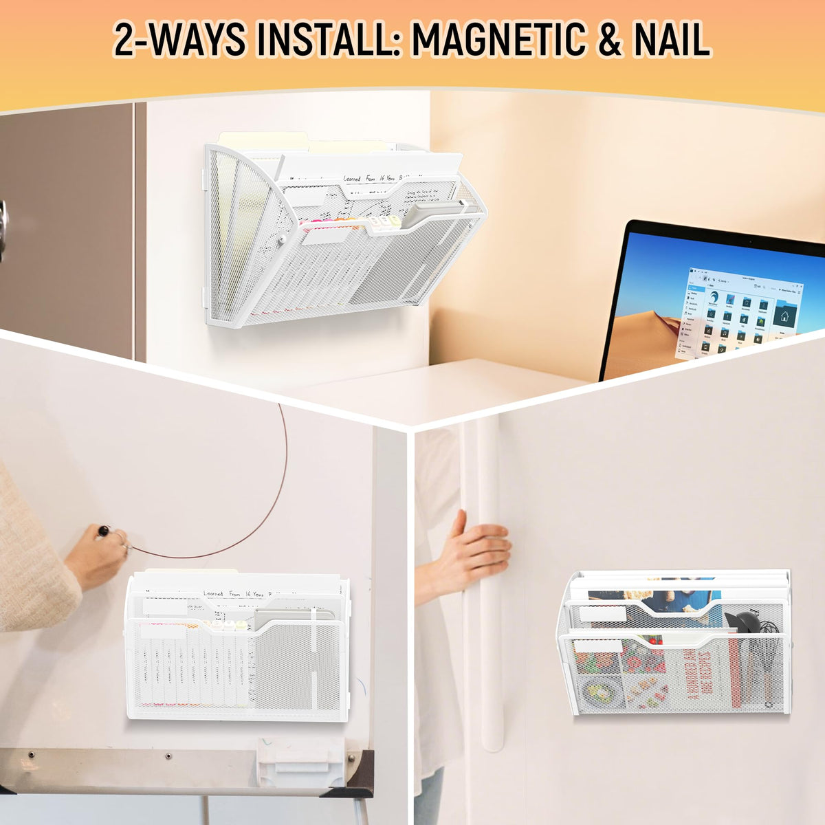 Docnest 3 Pack 3 Tier Dual-Mount Magnetic Mesh File Holders, Wall Organizer