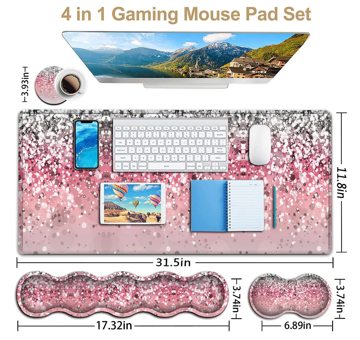 Pink Mouse Pad,Keyboard Mouse Pad Set,Extended Gaming Mouse Pad + Memory Foam Keyboard Wrist Rest
