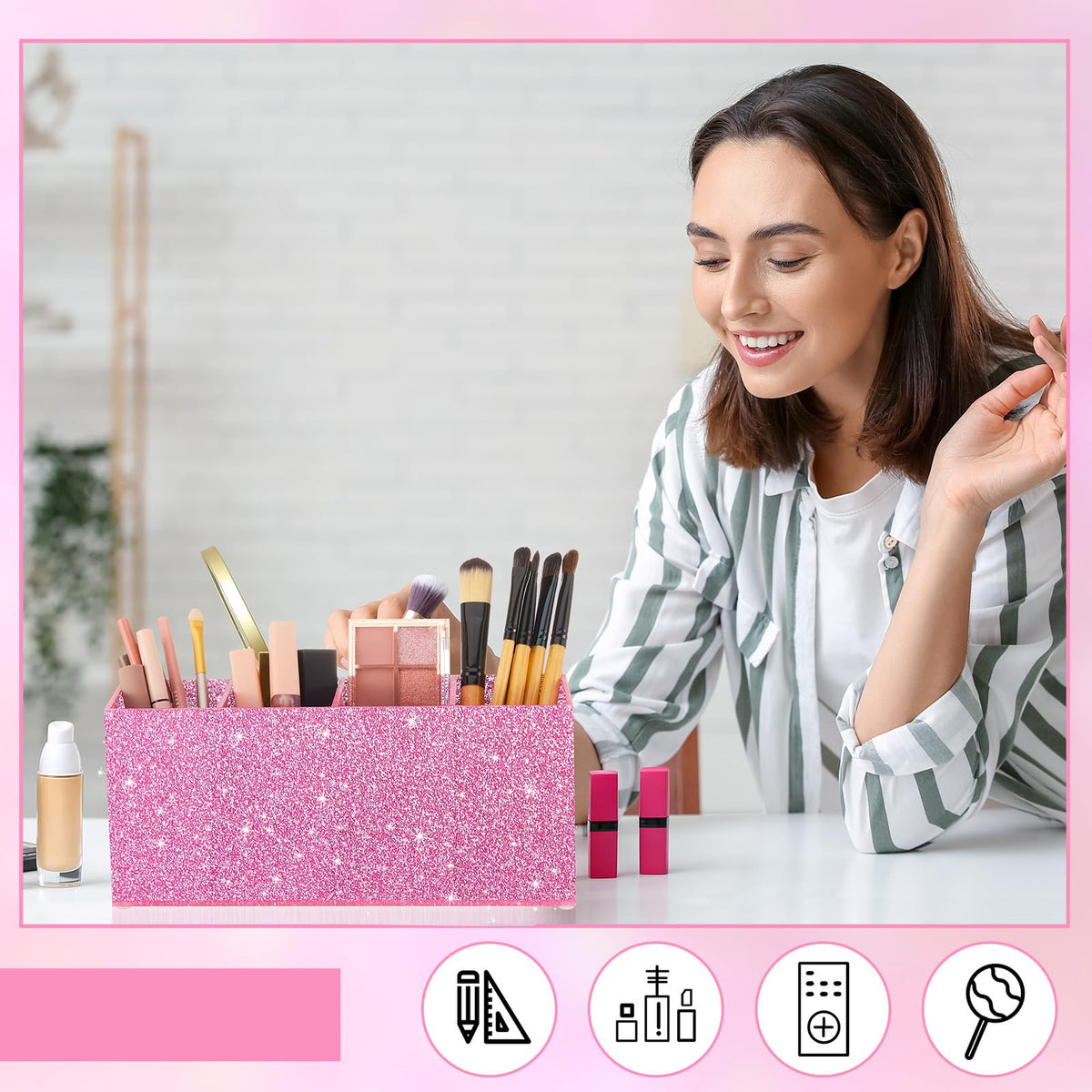Jetec Acrylic Pen Holder for Girl Desktop, 4 Compartments, Sparkly Pink