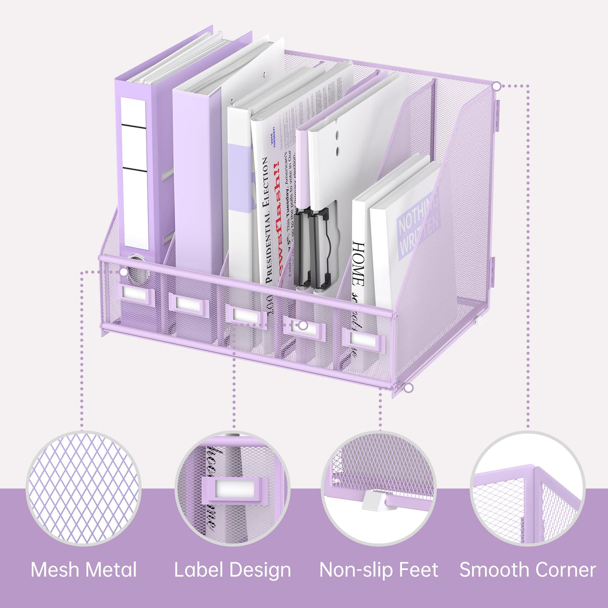 SUPEASY Desk Organizers Metal Desk Magazine File Holder with 5 Vertical Compartments Rack File