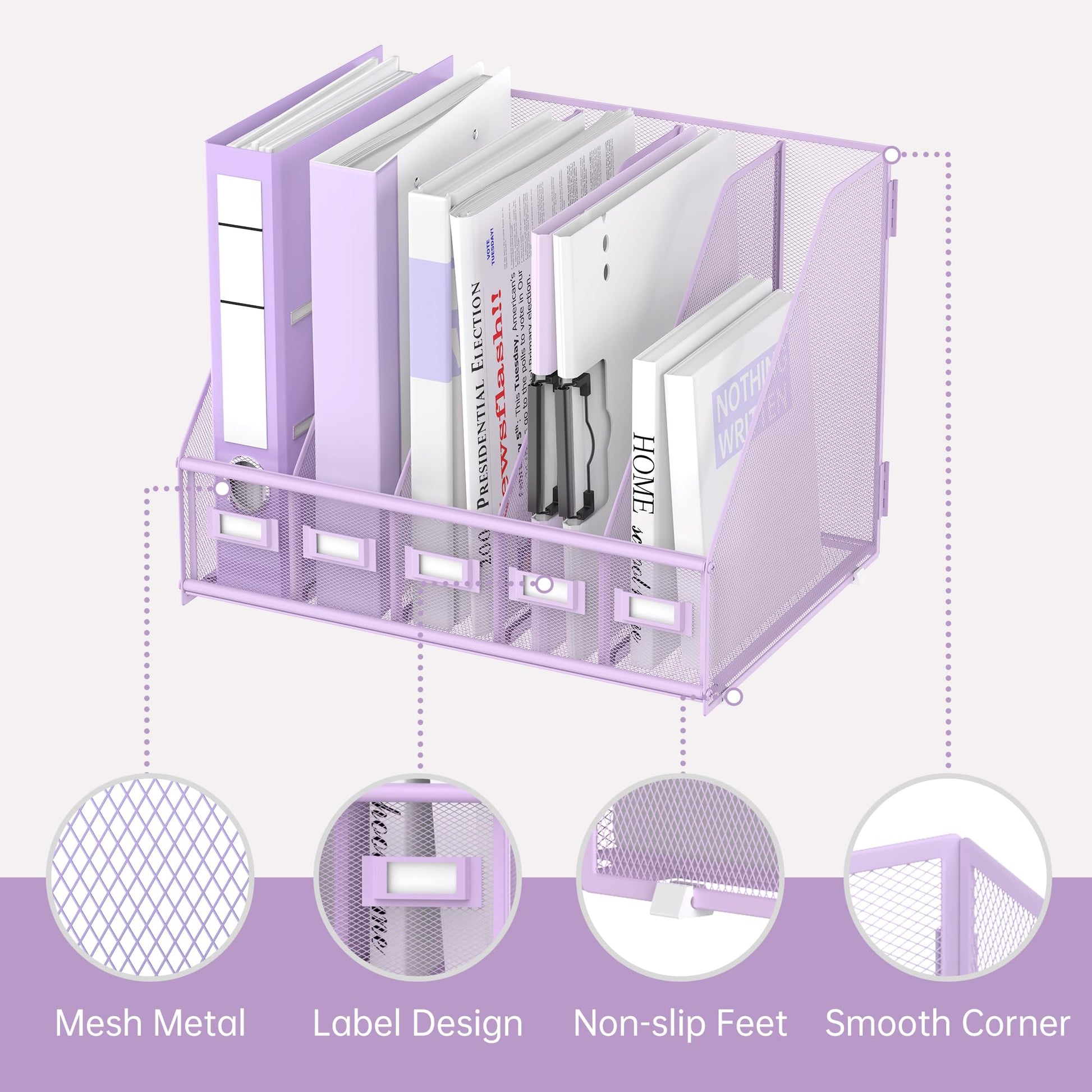 SUPEASY Desk Organizers Metal Desk Magazine File Holder with 5 Vertical Compartments Rack File